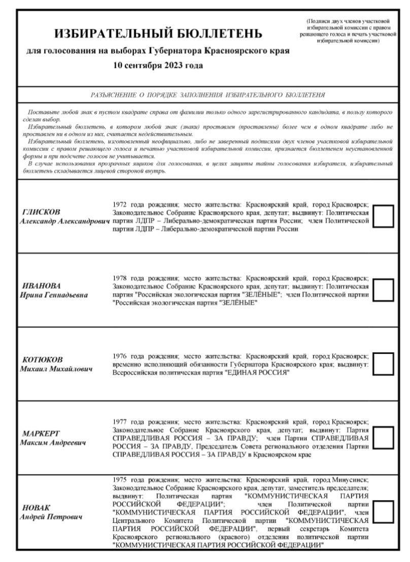 Образец избирательного бюллетеня для голосования